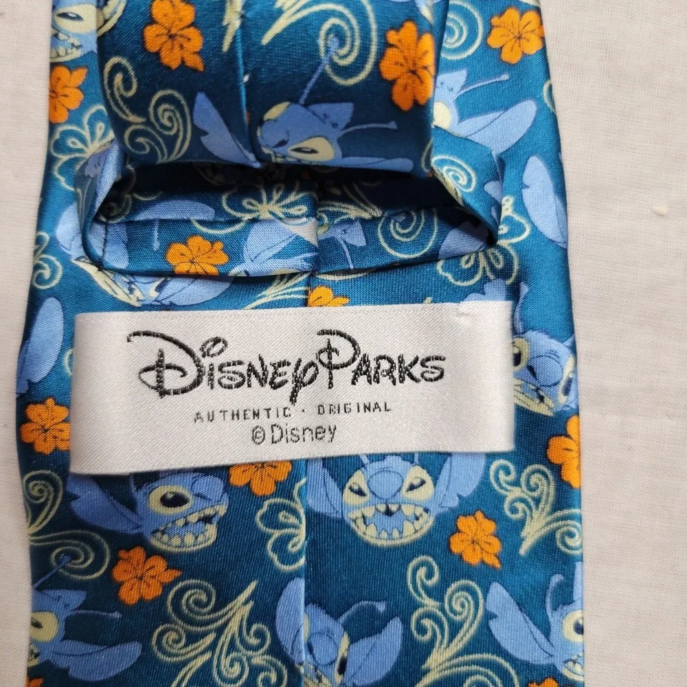 Disney Parks Stitch Lilo & Stitch Silk Necktie Teal Blue Floral Hibiscus Mens